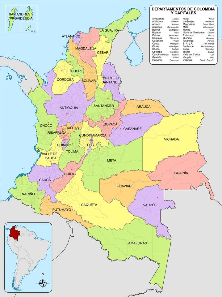 Karte der Departamentos und Hauptstaedte Kolumbiens